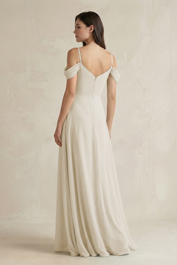 Off - the - Shoulder Chiffon A - Line Bridesmaid Dress in Dove Gray - KISS BRIDAL Bridesmaid Dresses
