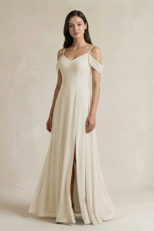 Off - the - Shoulder Chiffon A - Line Bridesmaid Dress in Dove Gray - KISS BRIDAL Bridesmaid Dresses