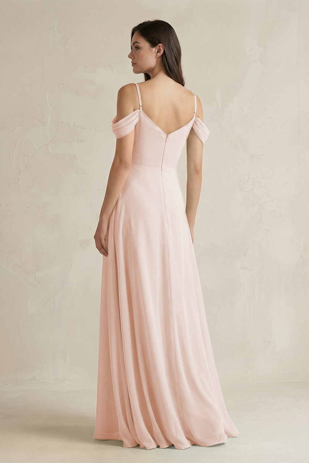 Off-the-Shoulder Chiffon A-Line Bridesmaid Dress in Pale Blush