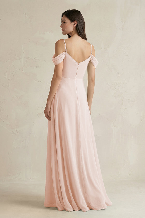 Off - the - Shoulder Chiffon A - Line Bridesmaid Dress in Pale Blush - KISS BRIDAL Bridesmaid Dresses