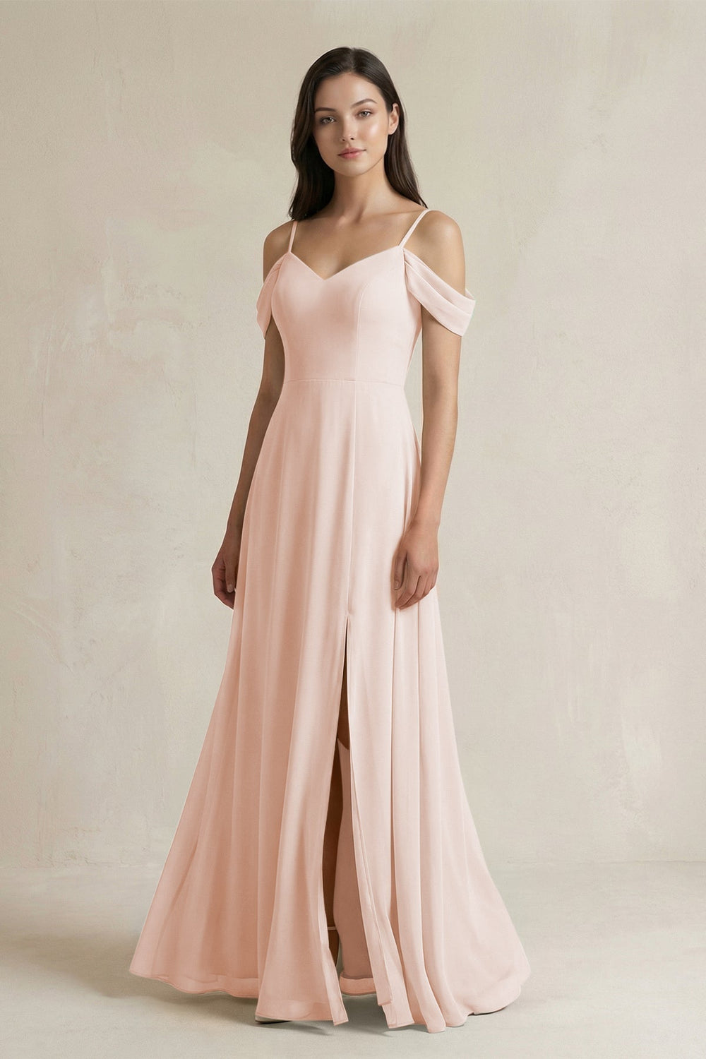 Off-the-Shoulder Chiffon A-Line Bridesmaid Dress in Pale Blush