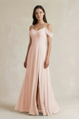 Off - the - Shoulder Chiffon A - Line Bridesmaid Dress in Pale Blush - KISS BRIDAL Bridesmaid Dresses