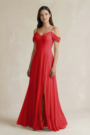 Off - the - Shoulder Chiffon A - Line Bridesmaid Dress in Ruby Red - KISS BRIDAL Bridesmaid Dresses