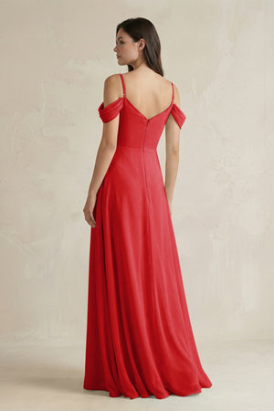 Off - the - Shoulder Chiffon A - Line Bridesmaid Dress in Ruby Red - KISS BRIDAL Bridesmaid Dresses