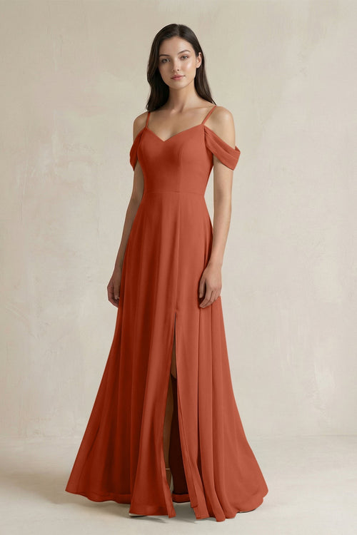Off - the - Shoulder Chiffon A - Line Bridesmaid Dress in Spice - KISS BRIDAL Bridesmaid Dresses