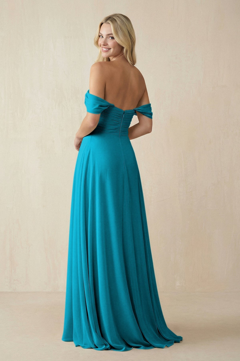 Off-the-Shoulder Chiffon A-Line Long Bridesmaid Dress in Blue Jay