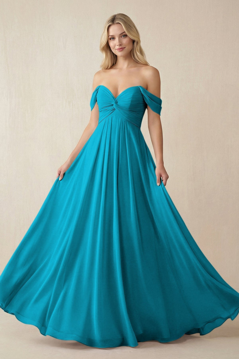 Off-the-Shoulder Chiffon A-Line Long Bridesmaid Dress in Blue Jay