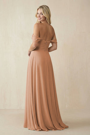Off - the - Shoulder Chiffon A - Line Long Bridesmaid Dress in Bronzer - KISS BRIDAL Bridesmaid Dresses