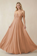 Off - the - Shoulder Chiffon A - Line Long Bridesmaid Dress in Bronzer - KISS BRIDAL Bridesmaid Dresses