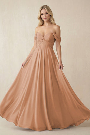 Off - the - Shoulder Chiffon A - Line Long Bridesmaid Dress in Bronzer - KISS BRIDAL Bridesmaid Dresses