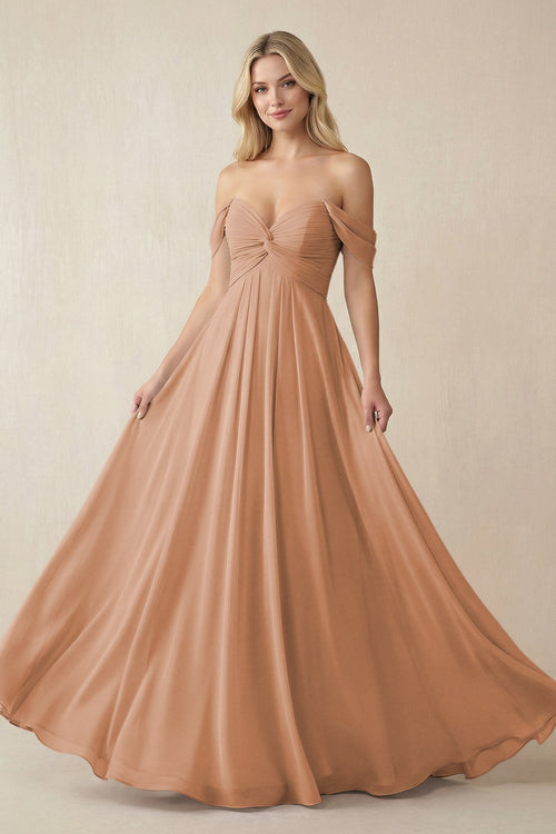 Off - the - Shoulder Chiffon A - Line Long Bridesmaid Dress in Bronzer - KISS BRIDAL Bridesmaid Dresses