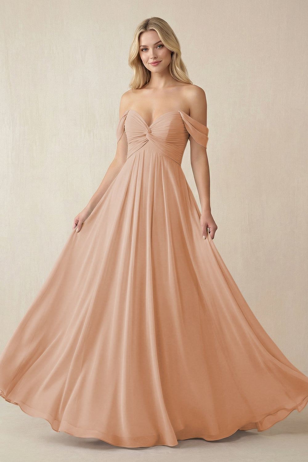 Off-the-Shoulder Chiffon A-Line Long Bridesmaid Dress in Champagne Rose