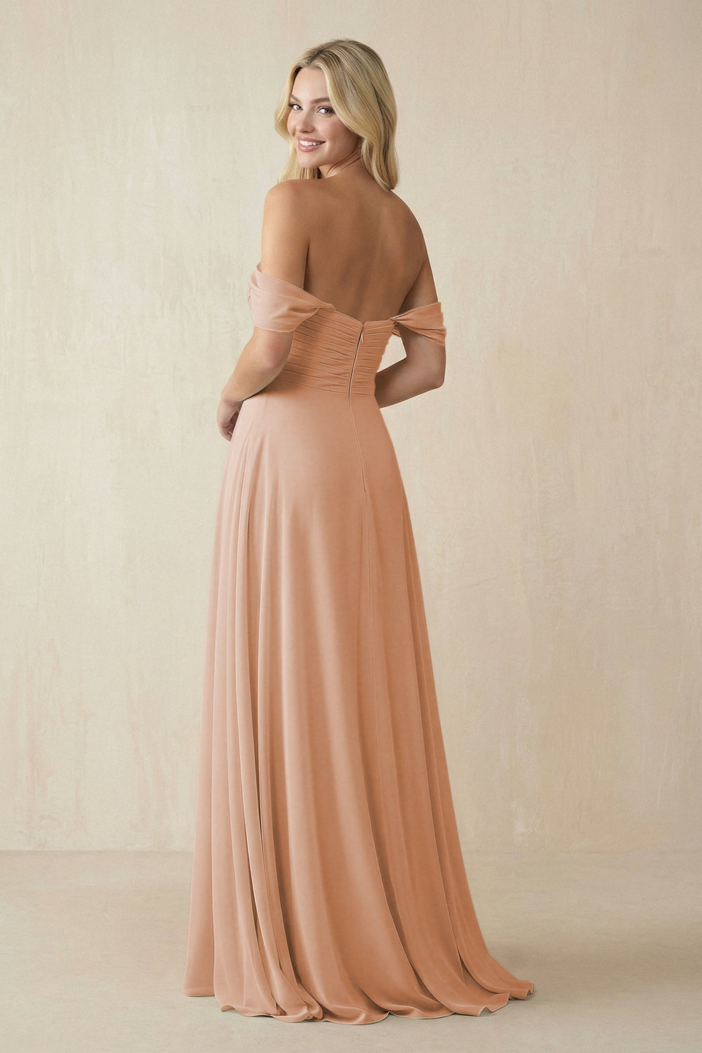 Off-the-Shoulder Chiffon A-Line Long Bridesmaid Dress in Champagne Rose