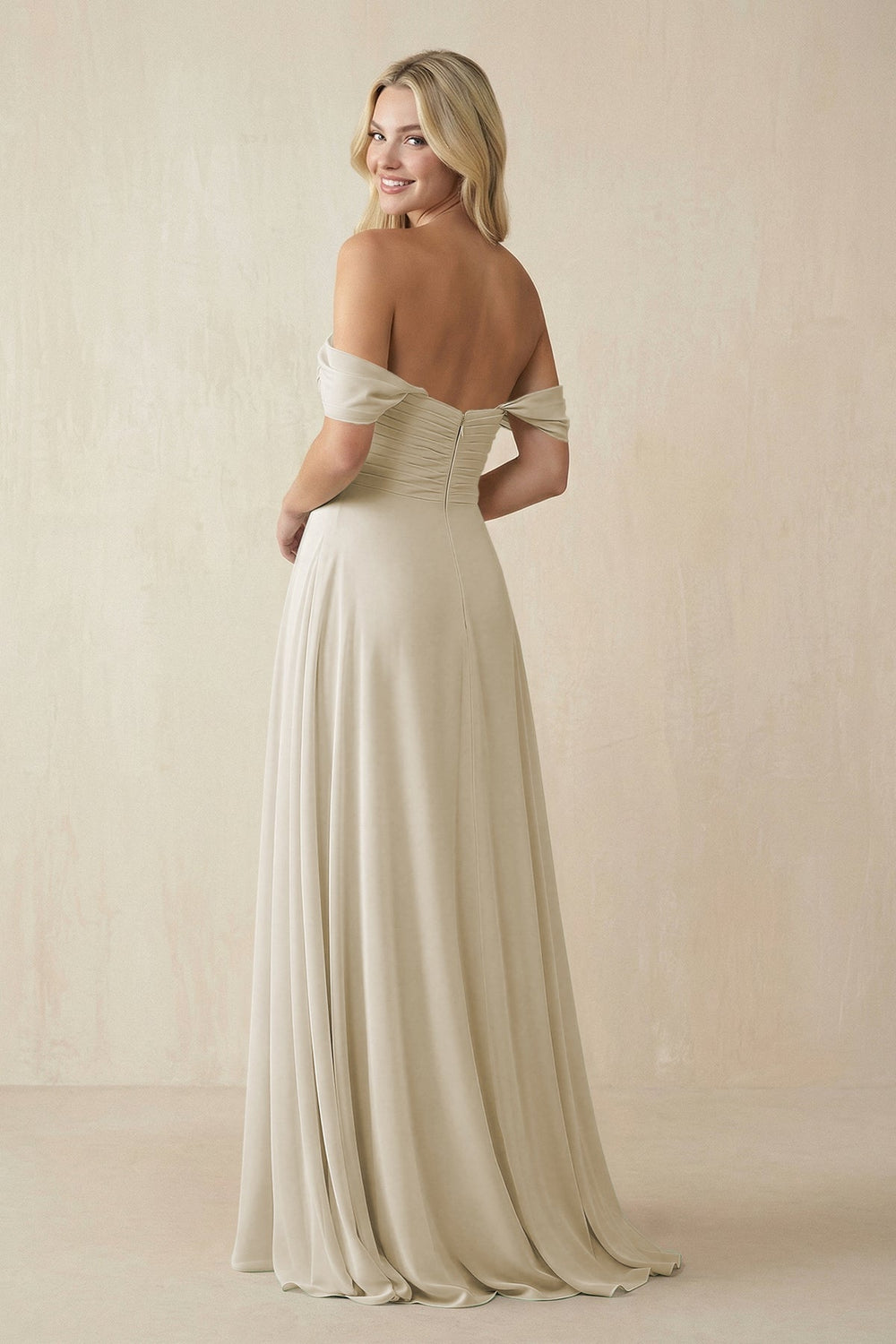 Off-the-Shoulder Chiffon A-Line Long Bridesmaid Dress in Dove Gray
