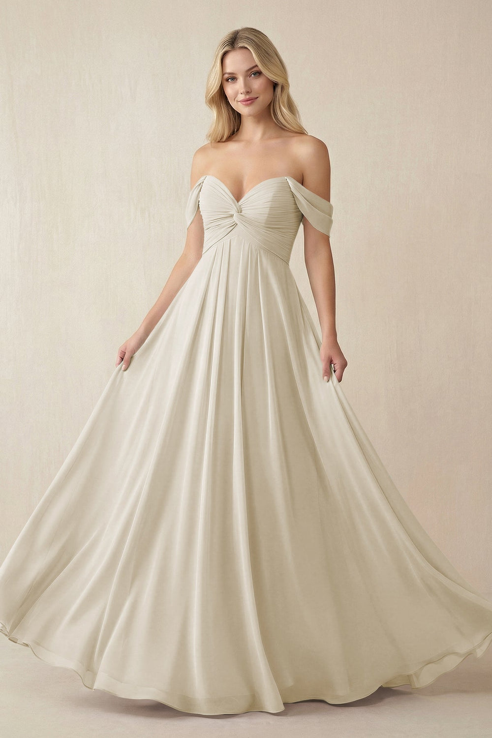 Off-the-Shoulder Chiffon A-Line Long Bridesmaid Dress in Dove Gray