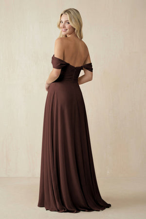 Off - the - Shoulder Chiffon A - Line Long Bridesmaid Dress in Espresso - KISS BRIDAL Bridesmaid Dresses