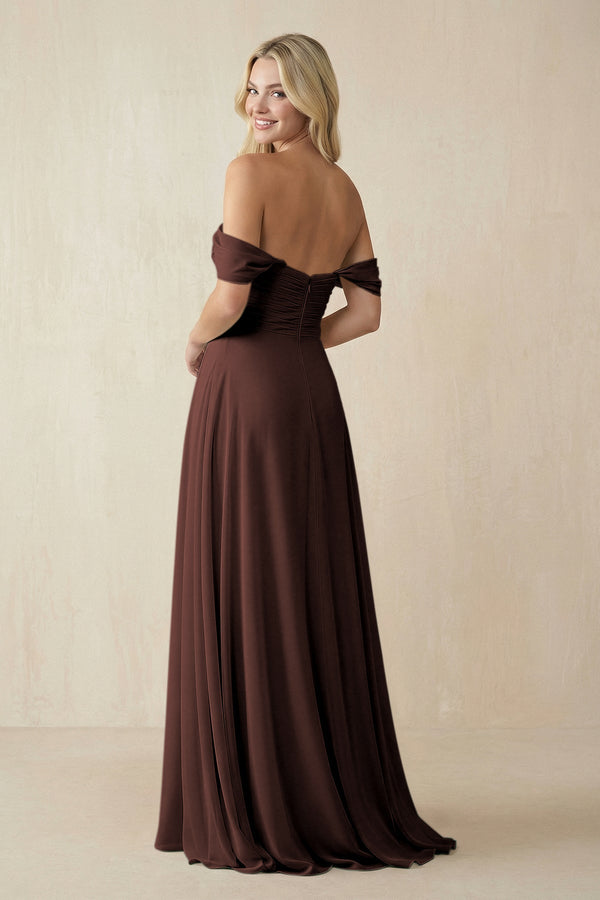 Off - the - Shoulder Chiffon A - Line Long Bridesmaid Dress in Espresso - KISS BRIDAL Bridesmaid Dresses
