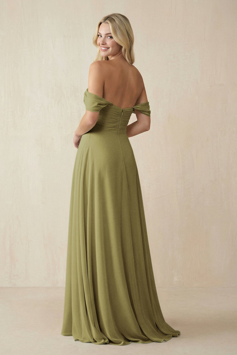Off-the-Shoulder Chiffon A-Line Long Bridesmaid Dress in Moss Green