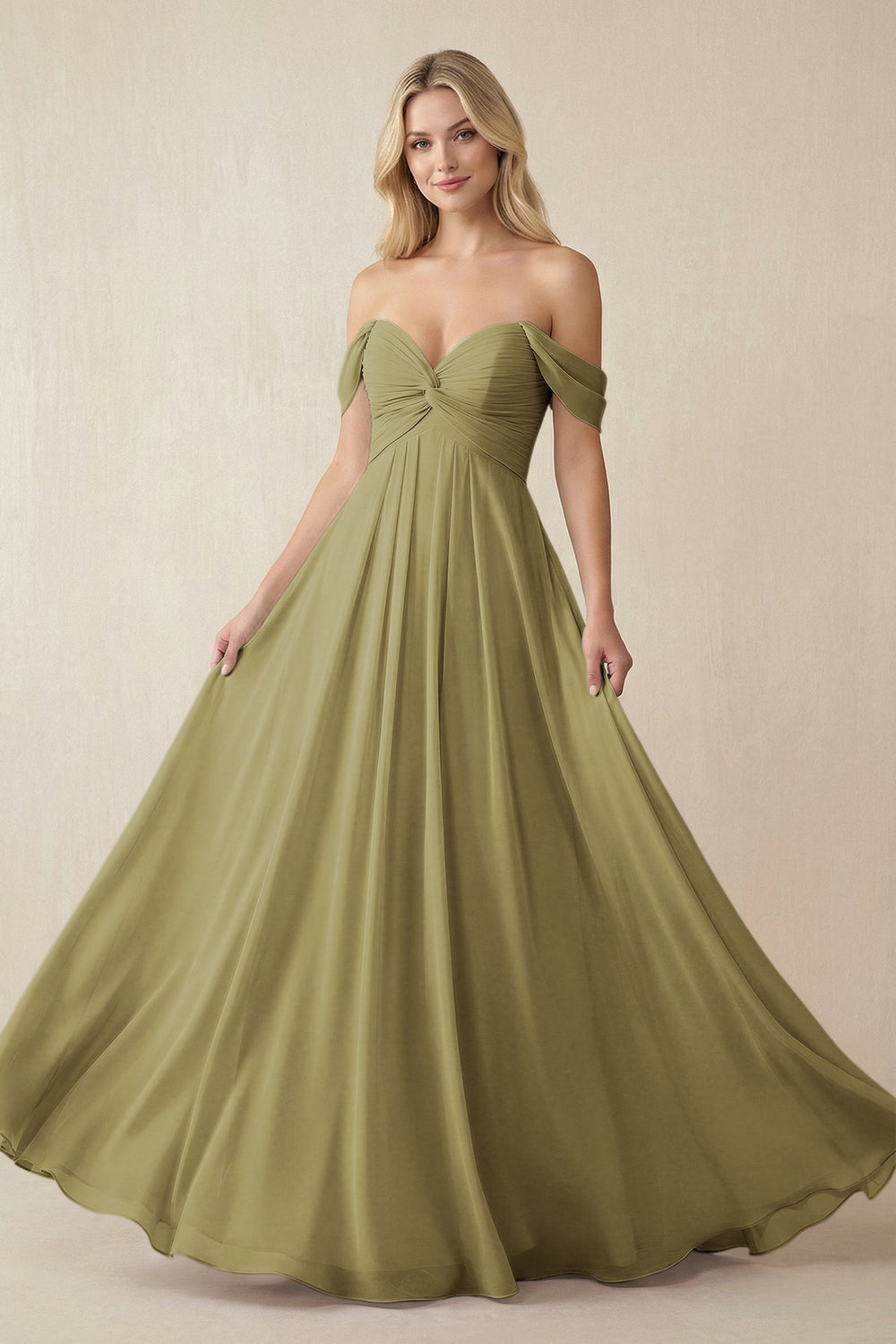 Off-the-Shoulder Chiffon A-Line Long Bridesmaid Dress in Moss Green