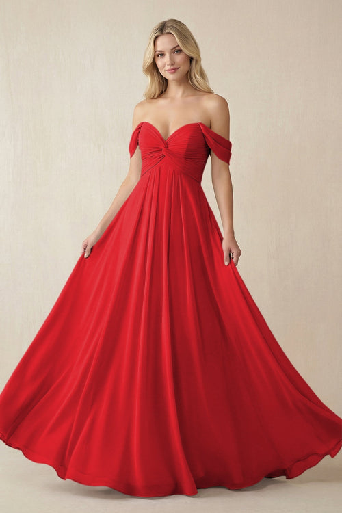 Off - the - Shoulder Chiffon A - Line Long Bridesmaid Dress in Ruby Red - KISS BRIDAL Bridesmaid Dresses