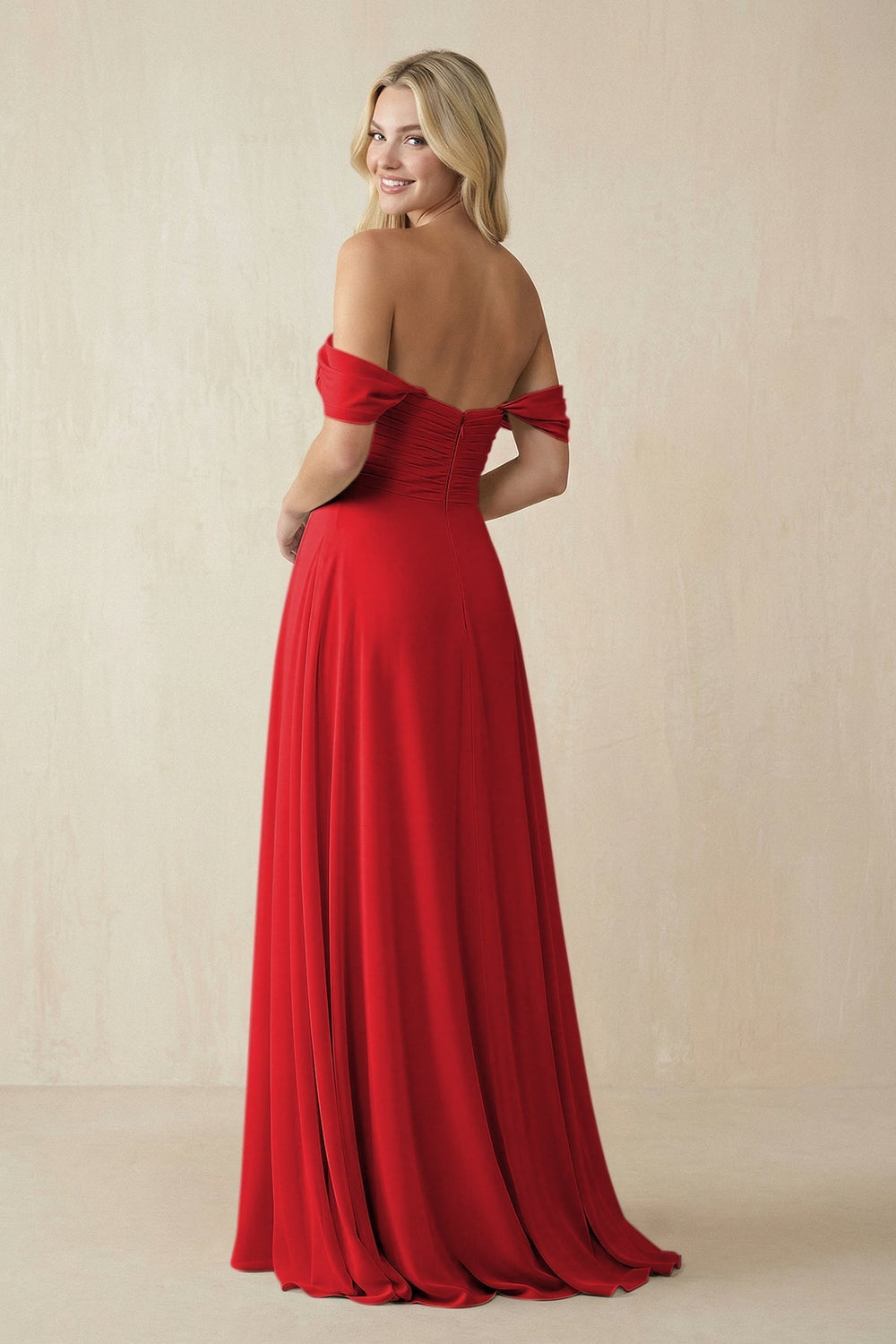 Off-the-Shoulder Chiffon A-Line Long Bridesmaid Dress in Ruby Red