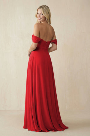 Off - the - Shoulder Chiffon A - Line Long Bridesmaid Dress in Ruby Red - KISS BRIDAL Bridesmaid Dresses