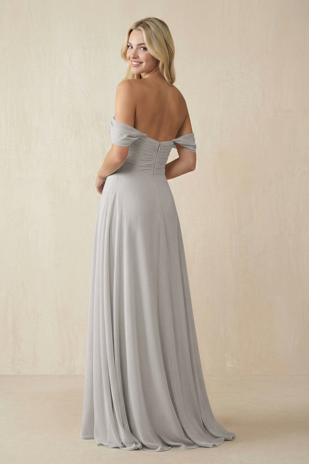 Off-the-Shoulder Chiffon A-Line Long Bridesmaid Dress in Silver