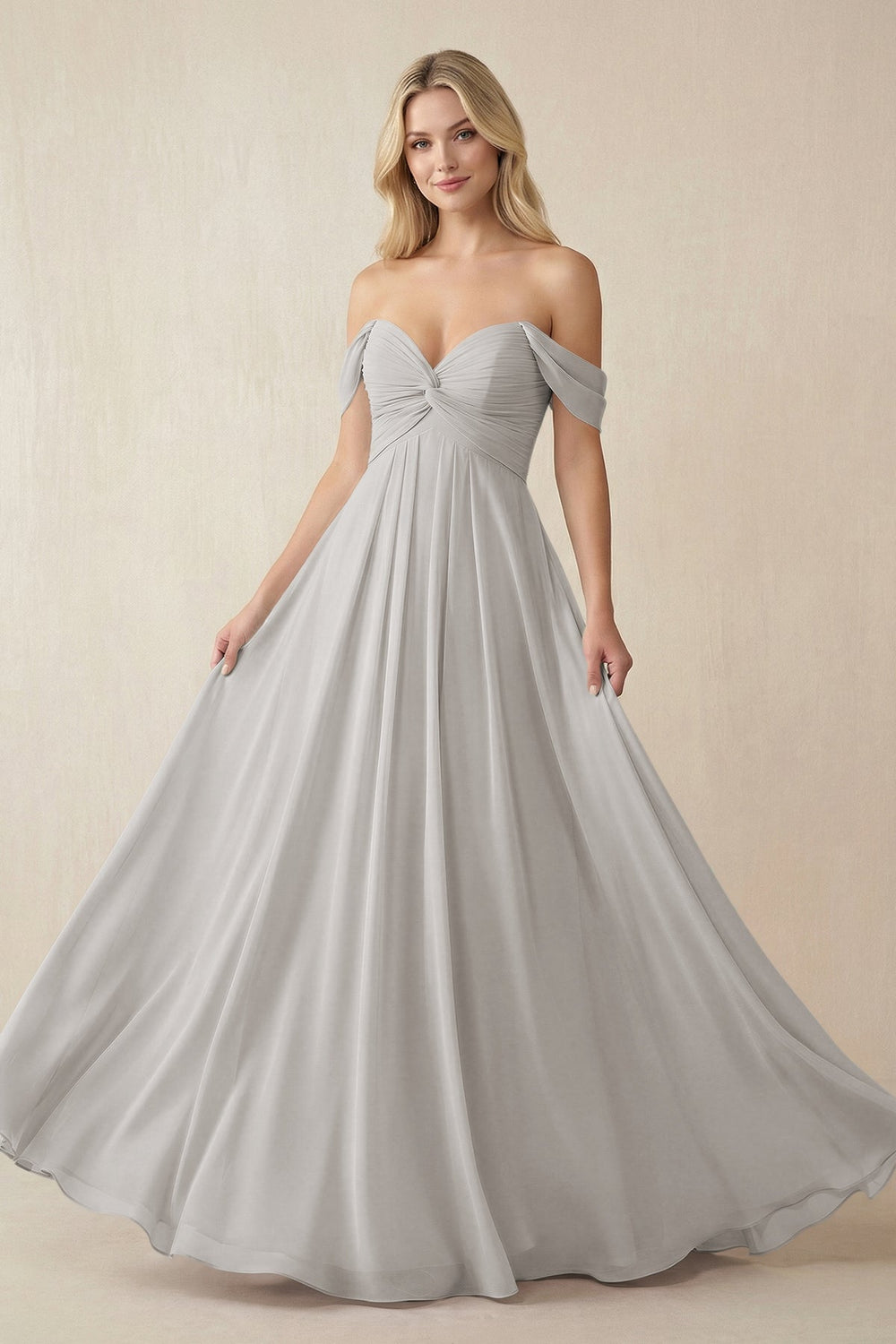 Off-the-Shoulder Chiffon A-Line Long Bridesmaid Dress in Silver