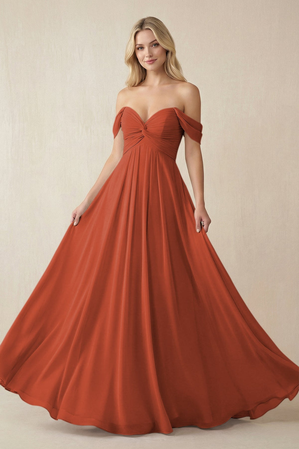 Off-the-Shoulder Chiffon A-Line Long Bridesmaid Dress in Spice