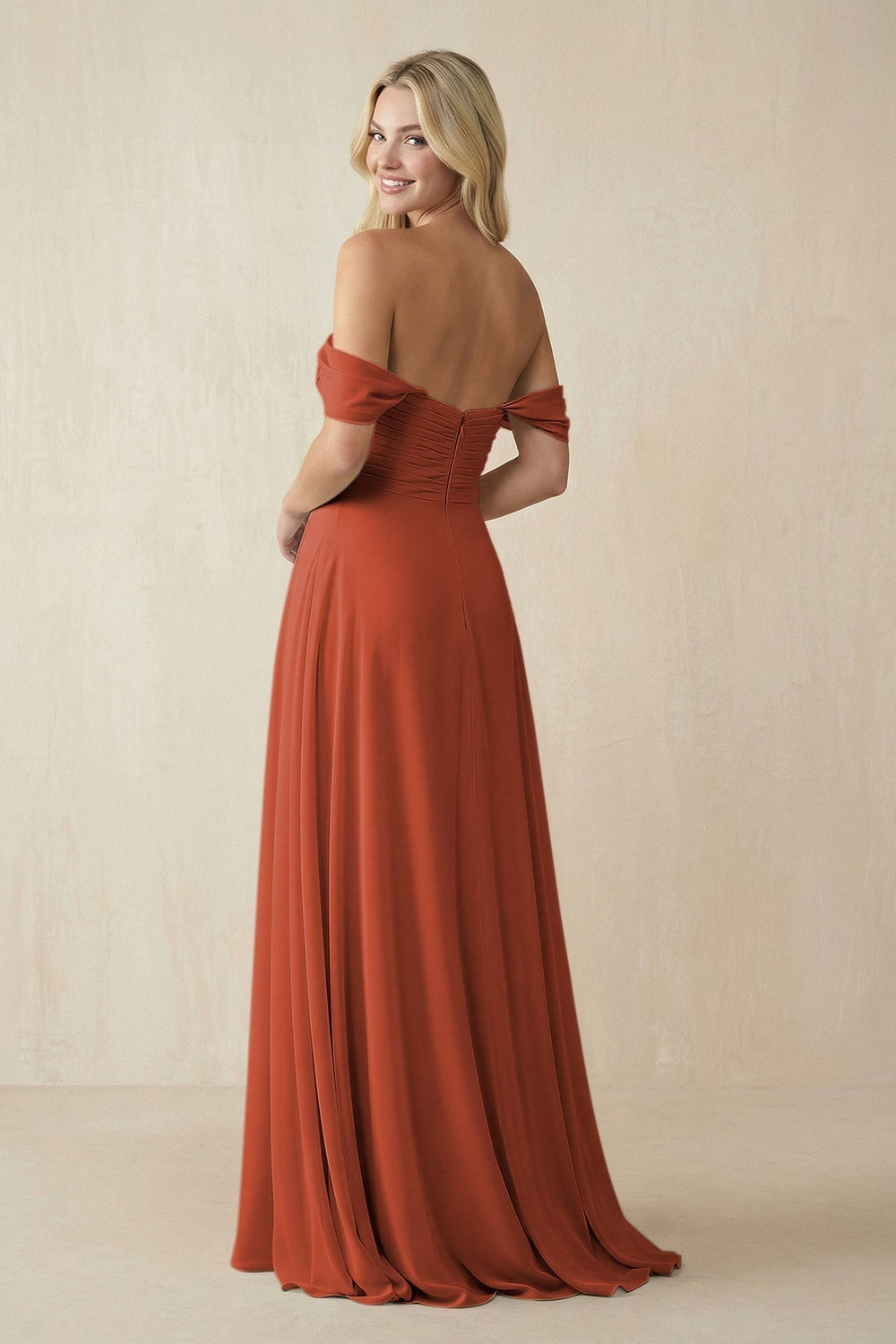 Off-the-Shoulder Chiffon A-Line Long Bridesmaid Dress in Spice