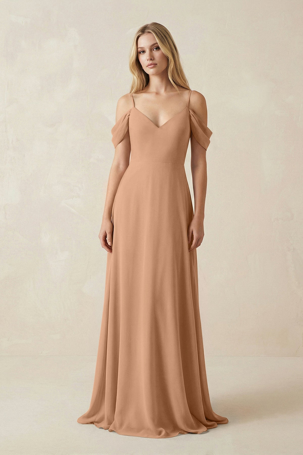 Off-the-Shoulder Chiffon A-Line Maxi Bridesmaid Dress in Bronzer
