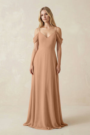 Off - the - Shoulder Chiffon A - Line Maxi Bridesmaid Dress in Bronzer - KISS BRIDAL Bridesmaid Dresses
