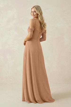 Off - the - Shoulder Chiffon A - Line Maxi Bridesmaid Dress in Bronzer - KISS BRIDAL Bridesmaid Dresses