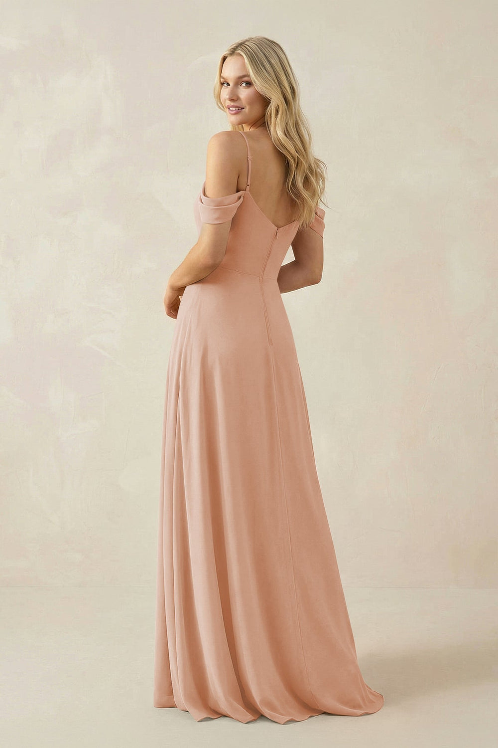 Off-the-Shoulder Chiffon A-Line Maxi Bridesmaid Dress in Champagne Rose