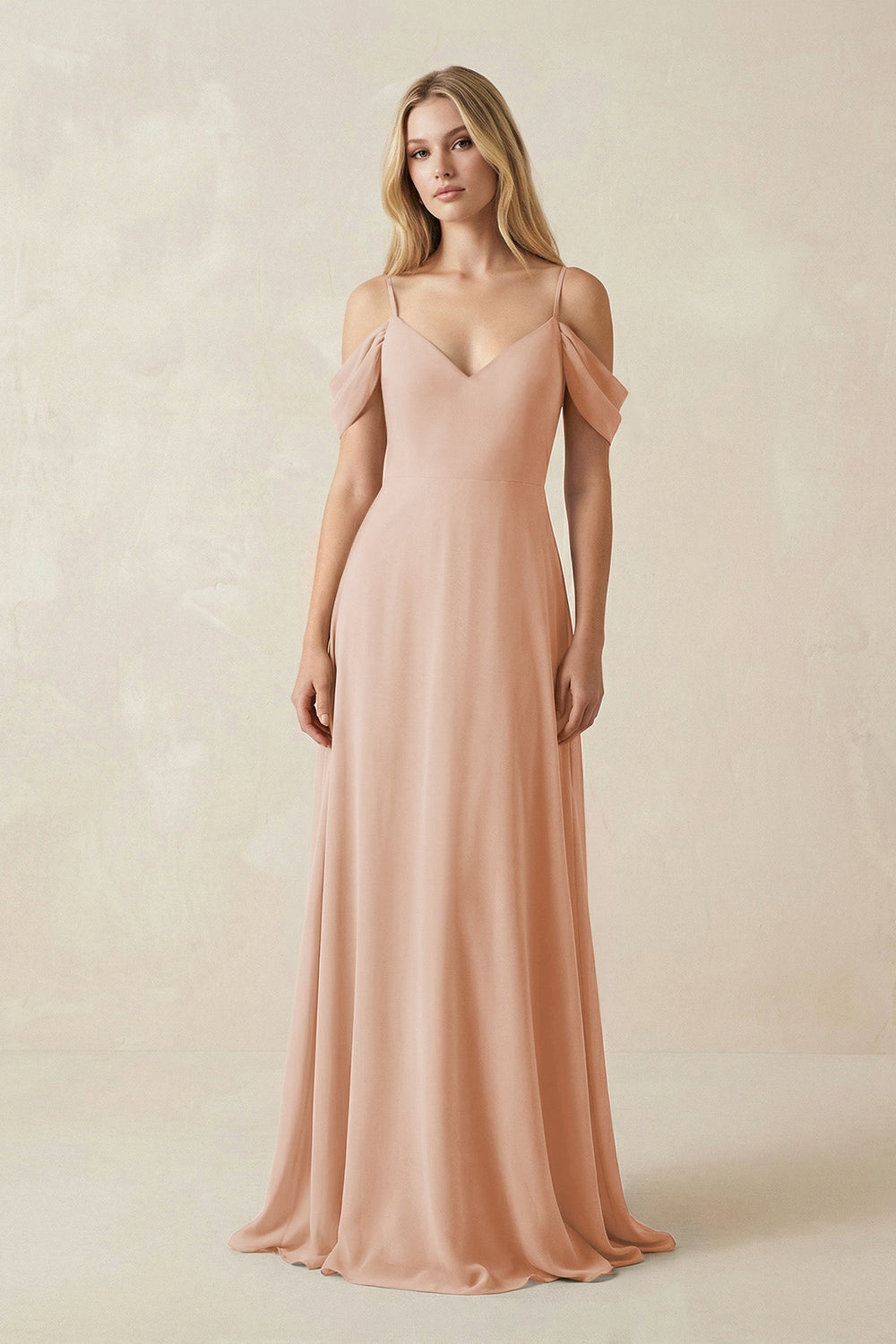 Off-the-Shoulder Chiffon A-Line Maxi Bridesmaid Dress in Champagne Rose
