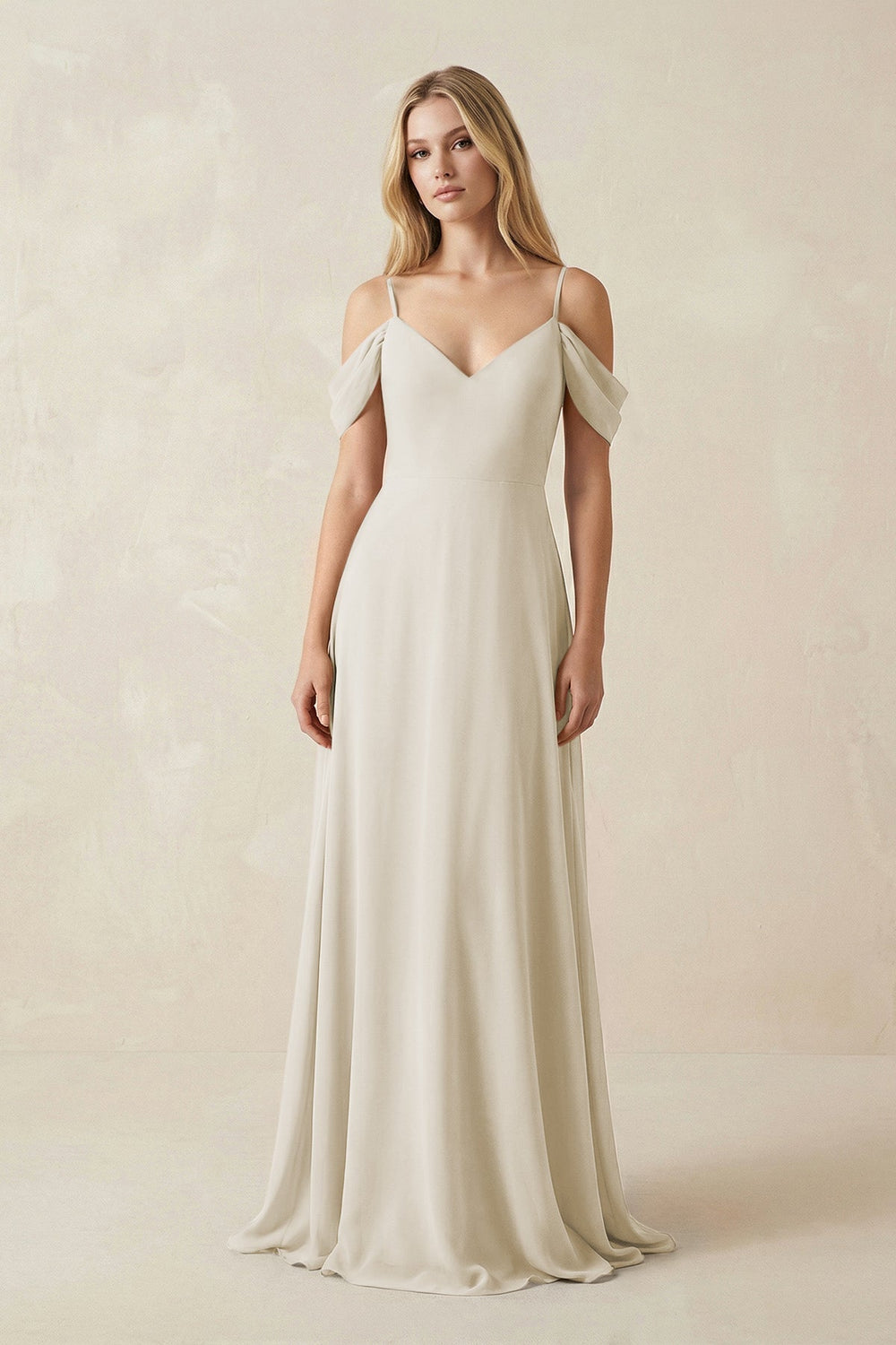 Off-the-Shoulder Chiffon A-Line Maxi Bridesmaid Dress in Dove Gray