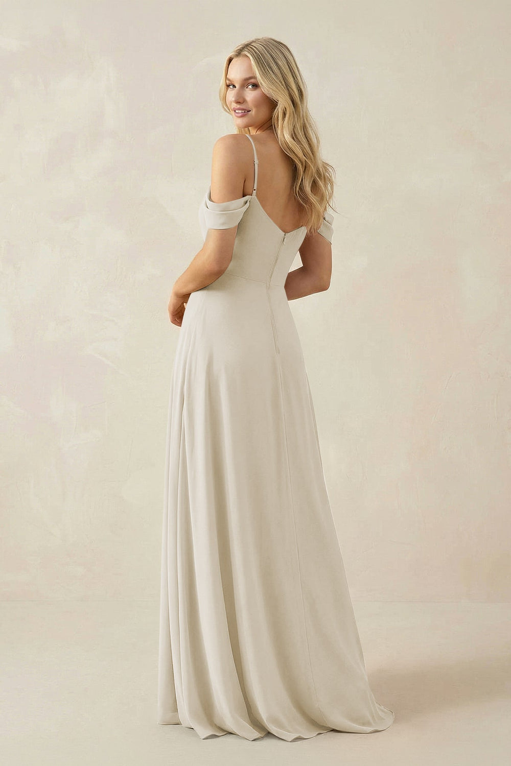 Off-the-Shoulder Chiffon A-Line Maxi Bridesmaid Dress in Dove Gray