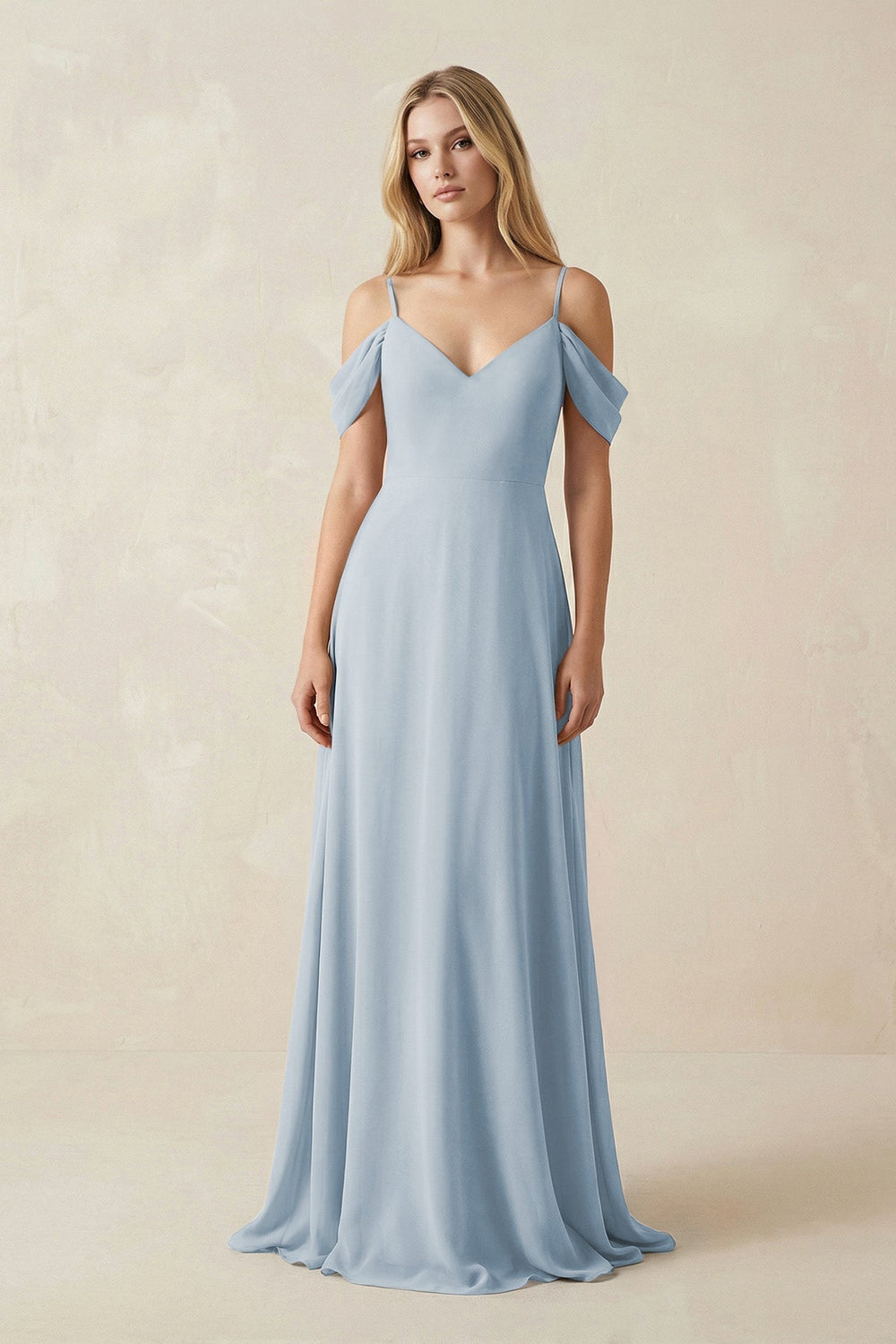 Off-the-Shoulder Chiffon A-Line Maxi Bridesmaid Dress in Dusty Blue