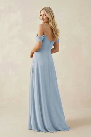 Off - the - Shoulder Chiffon A - Line Maxi Bridesmaid Dress in Dusty Blue - KISS BRIDAL Bridesmaid Dresses
