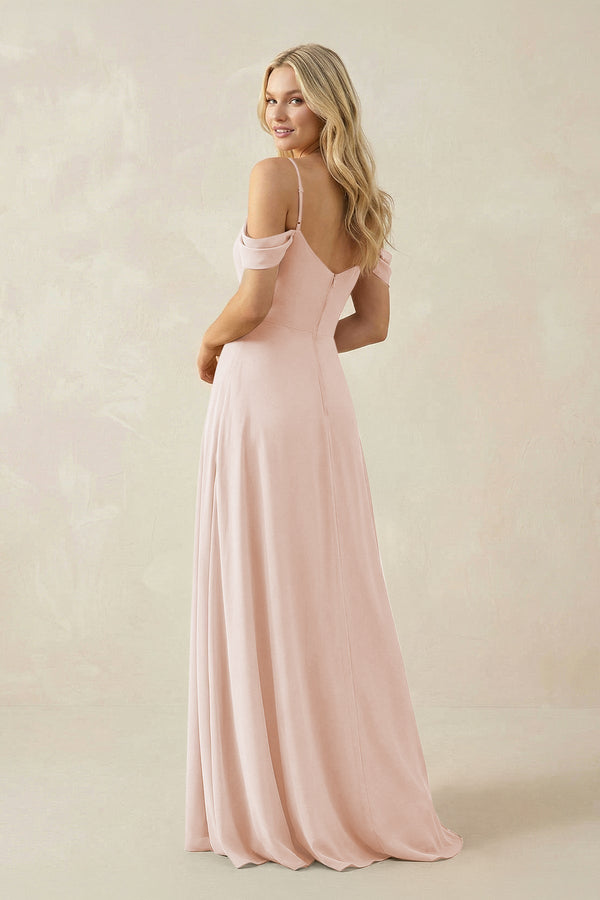 Off - the - Shoulder Chiffon A - Line Maxi Bridesmaid Dress in Pale Blush - KISS BRIDAL Bridesmaid Dresses