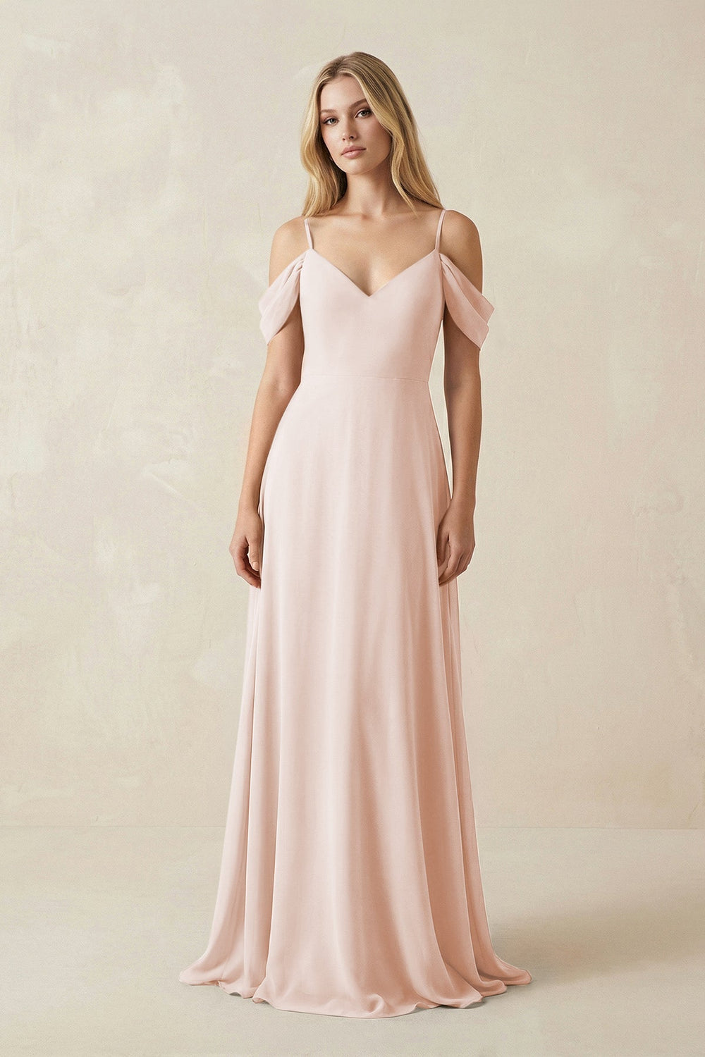 Off-the-Shoulder Chiffon A-Line Maxi Bridesmaid Dress in Pale Blush