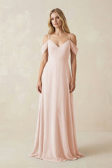 Off - the - Shoulder Chiffon A - Line Maxi Bridesmaid Dress in Pale Blush - KISS BRIDAL Bridesmaid Dresses