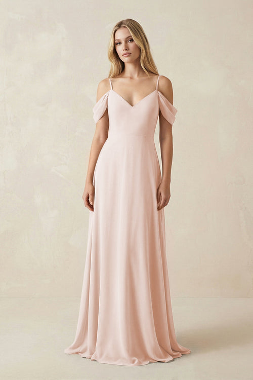 Off - the - Shoulder Chiffon A - Line Maxi Bridesmaid Dress in Pale Blush - KISS BRIDAL Bridesmaid Dresses