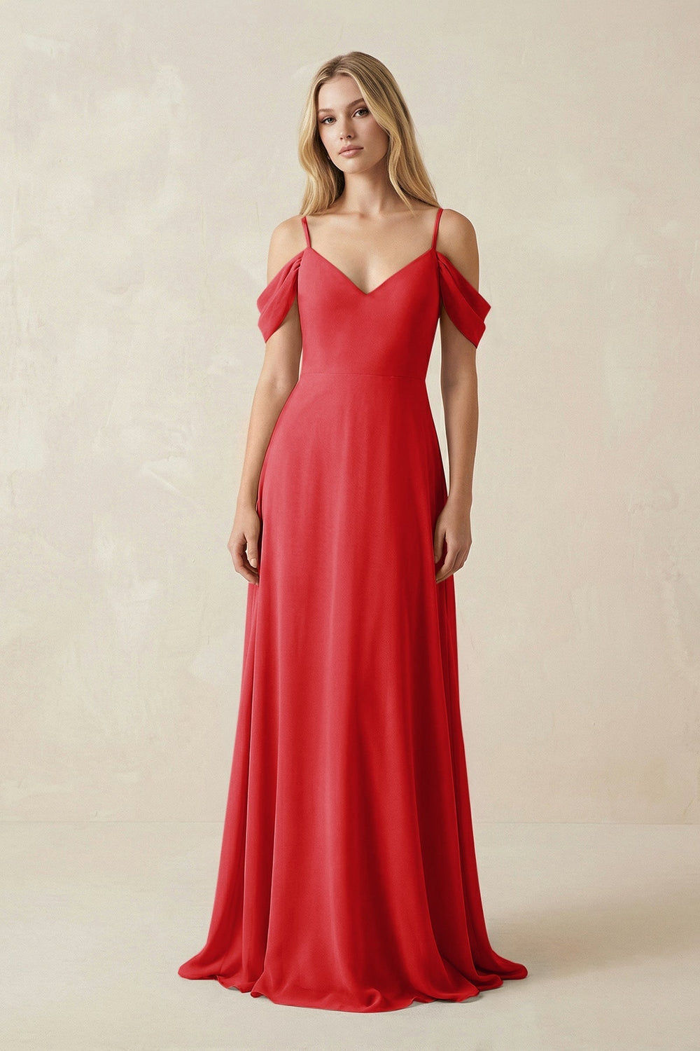 Off-the-Shoulder Chiffon A-Line Maxi Bridesmaid Dress in Ruby Red