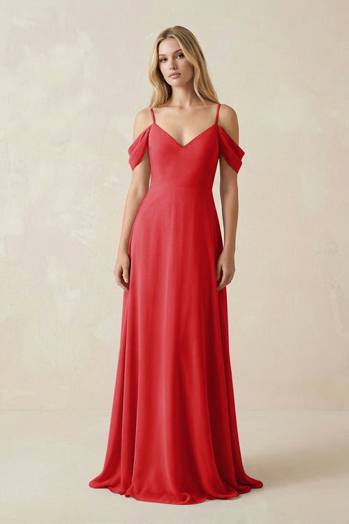 Off - the - Shoulder Chiffon A - Line Maxi Bridesmaid Dress in Ruby Red - KISS BRIDAL Bridesmaid Dresses