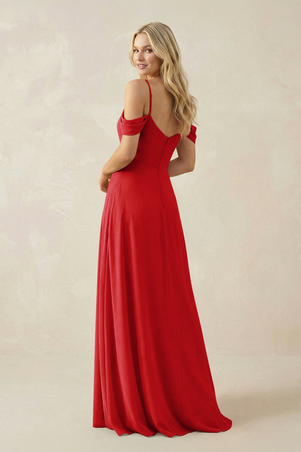 Off-the-Shoulder Chiffon A-Line Maxi Bridesmaid Dress in Ruby Red