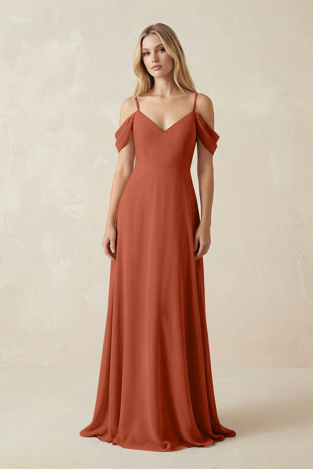 Off-the-Shoulder Chiffon A-Line Maxi Bridesmaid Dress in Spice