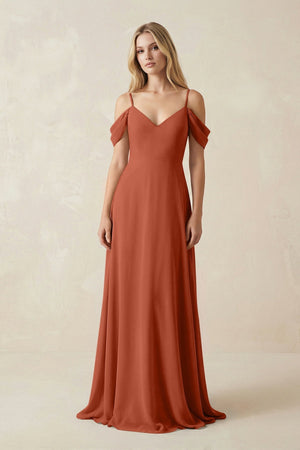 Off - the - Shoulder Chiffon A - Line Maxi Bridesmaid Dress in Spice - KISS BRIDAL Bridesmaid Dresses