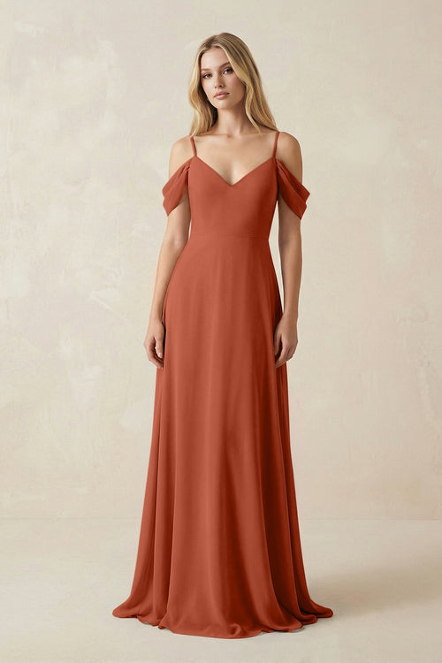Off - the - Shoulder Chiffon A - Line Maxi Bridesmaid Dress in Spice - KISS BRIDAL Bridesmaid Dresses