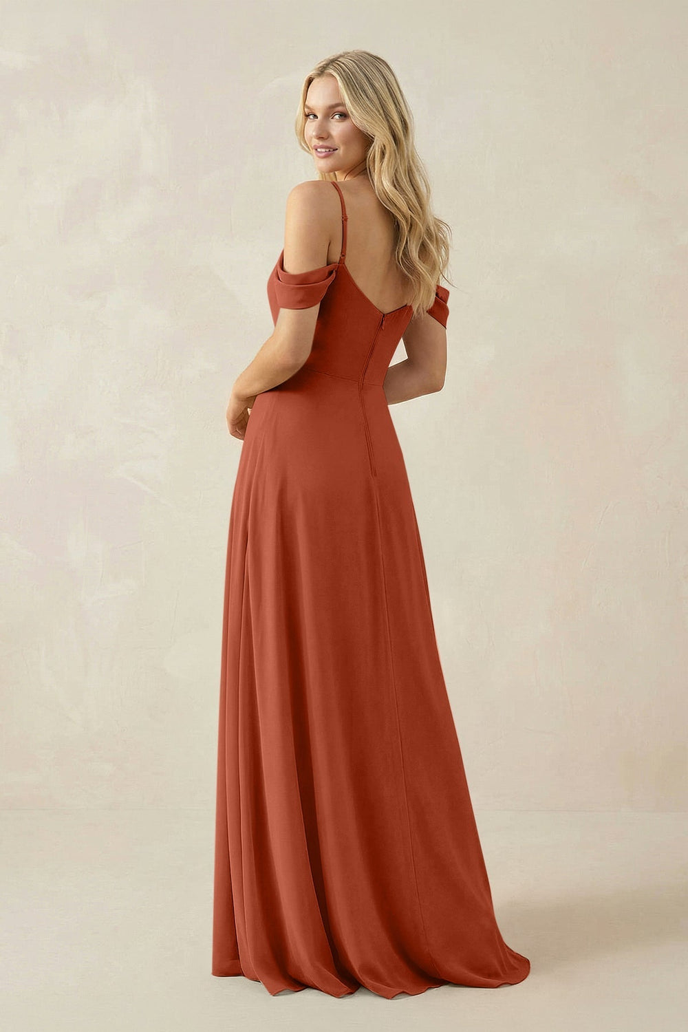 Off-the-Shoulder Chiffon A-Line Maxi Bridesmaid Dress in Spice
